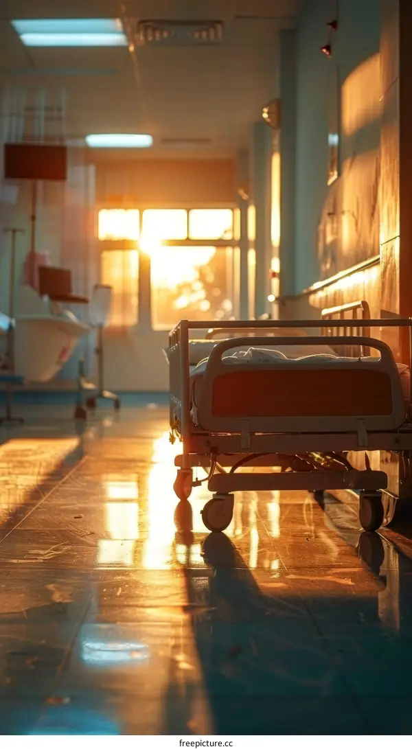 Empty hospital bed in a modern hospital with bright light shining through the window
