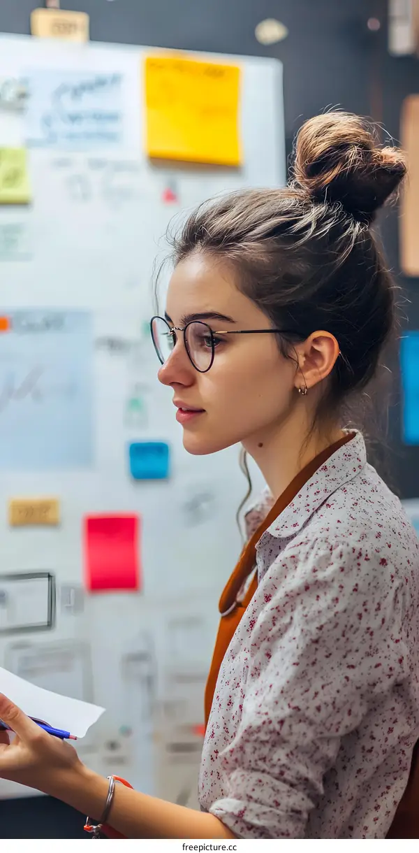 Young Woman with Glasses Looking at Whiteboard