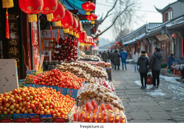 A bustling Chinese street market with people shopping for food and other goods