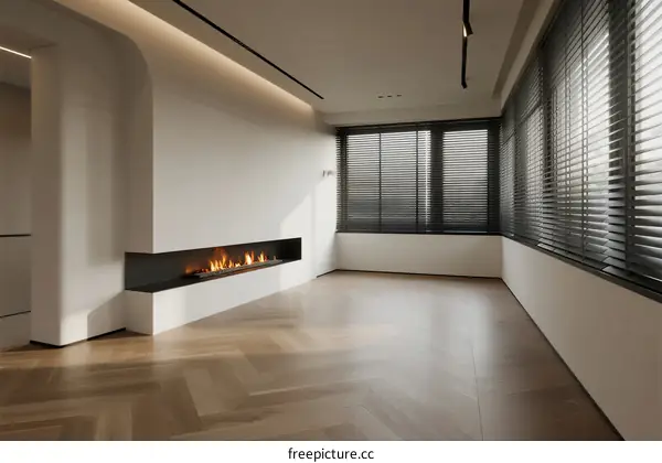 Modern and bright living room with a built-in fireplace