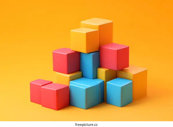 Abstract Colorful Cubes Stacked on Yellow Background