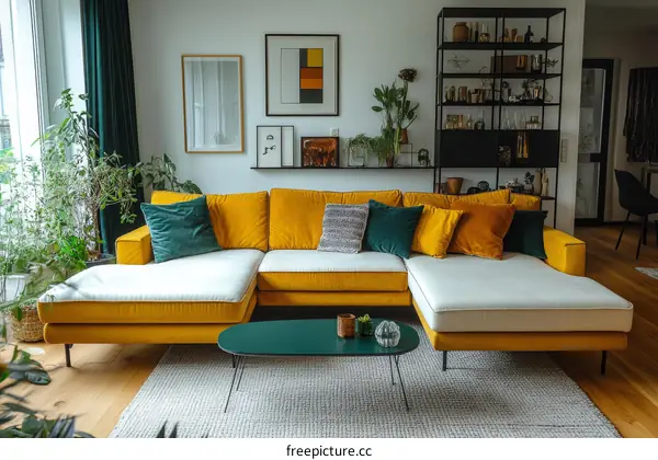 Modern Living Room with Mustard Yellow Sectional Sofa
