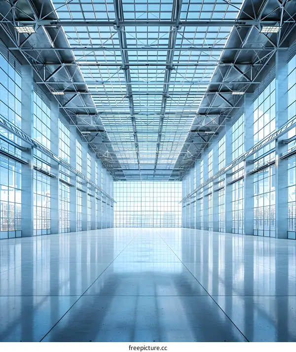 Large Empty Industrial Space with Glass Walls and Metal Ceiling