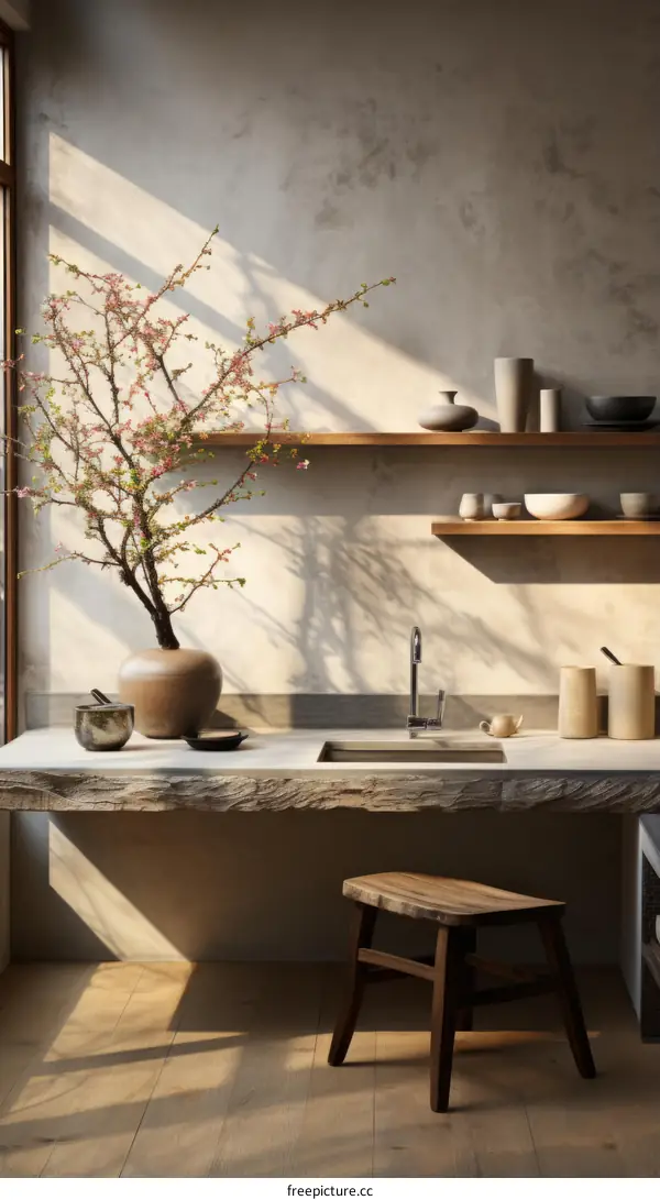 A minimalist kitchen with a large wooden counter and a tree with pink flowers in a vase