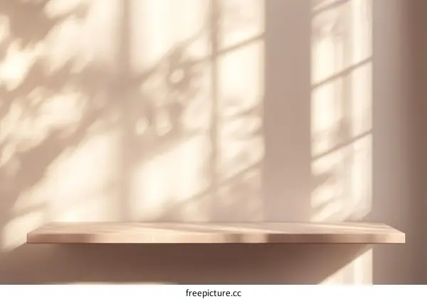 Empty Wooden Shelf with Natural Sunlight Shadows