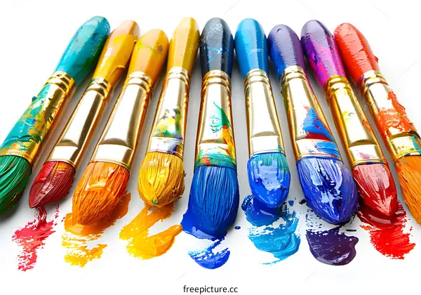 Colorful paintbrushes and paint on a white background