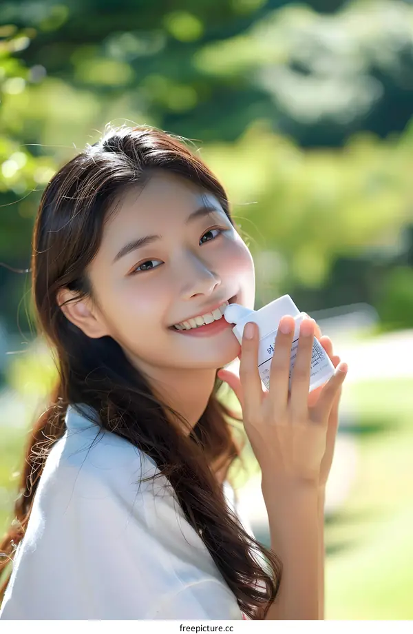 Smiling Woman Applying Sunscreen in a Park