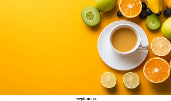 Fresh Fruit and Cup of Coffee on Yellow Background