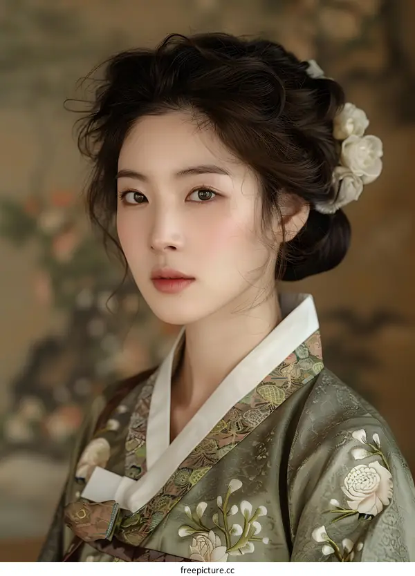 Portrait of a young woman in traditional Korean dress, or Hanbok