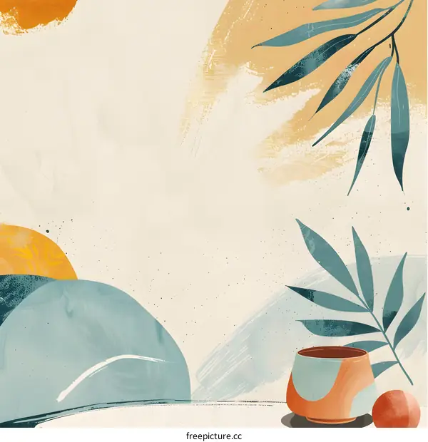 Abstract Watercolor Background With Leaves And Pot