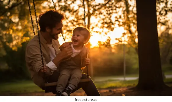Father and son swinging on a swing in the park at sunset