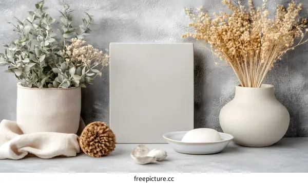 Blank Canvas Mockup with Dried Flowers and Plants on a Grey Background