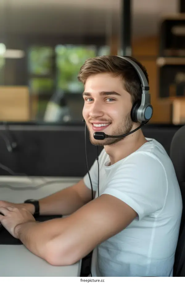 Smiling customer service representative with headset working in the office