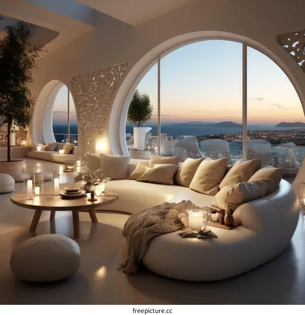 Modern luxury living room interior with panoramic sea view