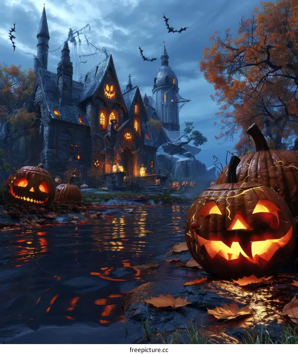 Spooky Halloween Pumpkin House in the Dark Forest