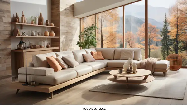 Modern Living Room with Sectional Sofa and Large Windows