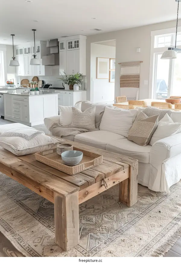 coastal living room with white sofa and reclaimed wood coffee table