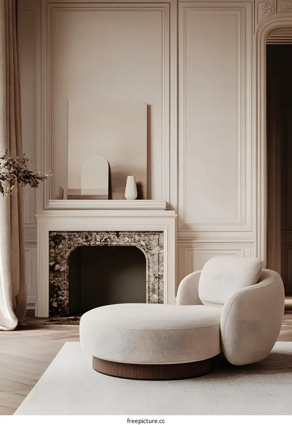 Beige Minimalist Living Room Interior Design With Round Sofa and Fireplace