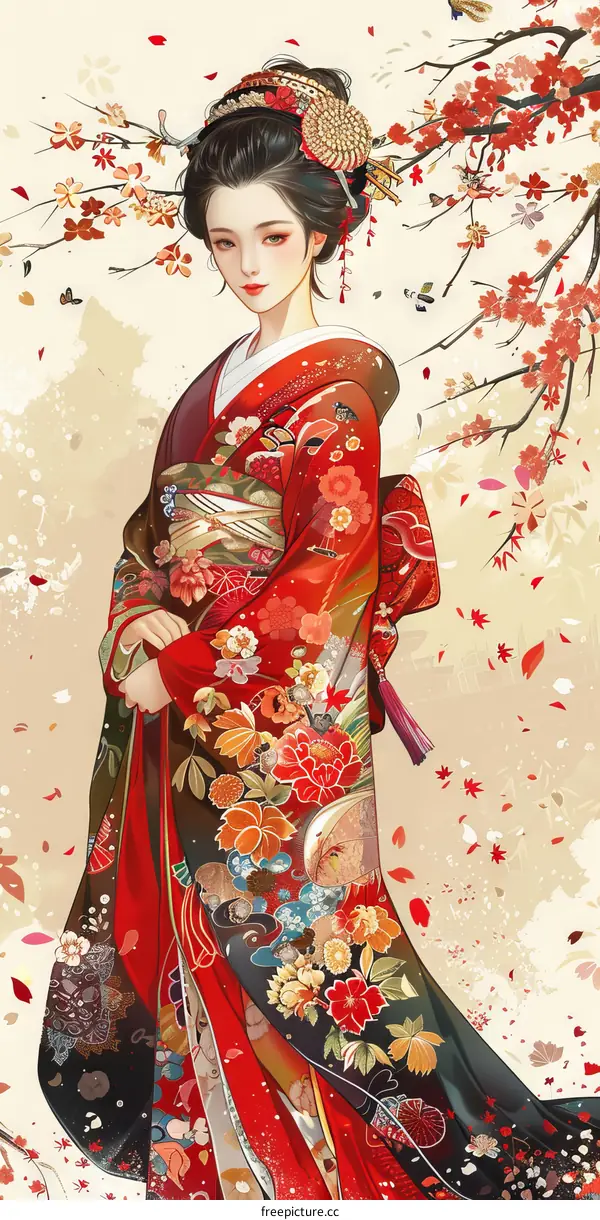 A Japanese Geisha in a red kimono
