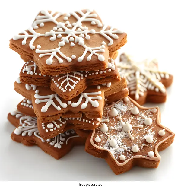 A stack of snowflake-shaped gingerbread cookies
