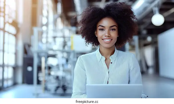 Smiling African Woman Working on Laptop in Modern Office
