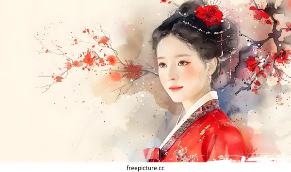 A beautiful Korean woman in traditional dress with red plum blossoms