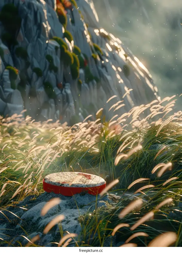 rays of light shining down through the tall grass near a rock outcropping