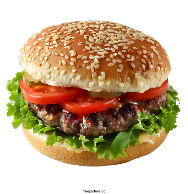 [Transparent Background PNG]yummy hamburger with lettuce tomato and pickles