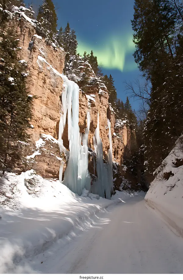 Frozen Waterfall and Aurora Borealis in the Winter