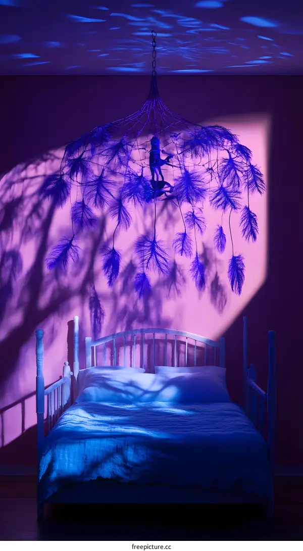 Purple Bedroom with Feather Chandelier and Bed