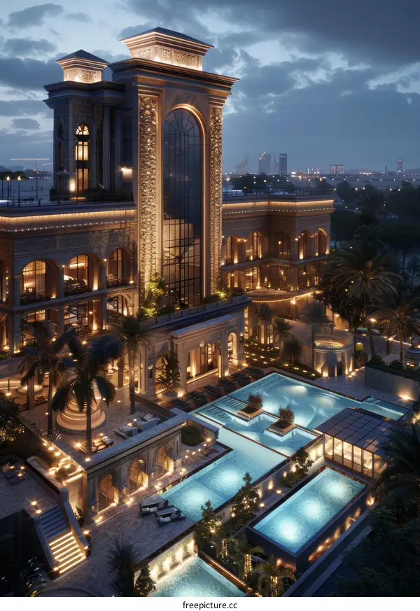 Luxury Mansion with Exquisite Pools at Night