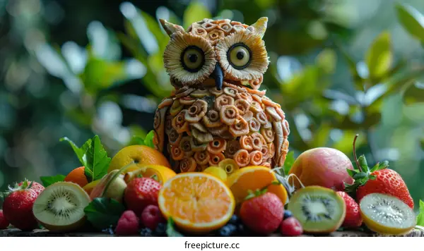 Adorable owl sculpture made of fruits and vegetables
