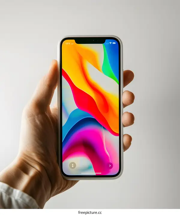 Hand Holding a White Smartphone with Colorful Abstract Wallpaper