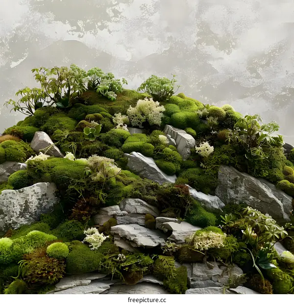 Green Moss Covered Rocks with Plants