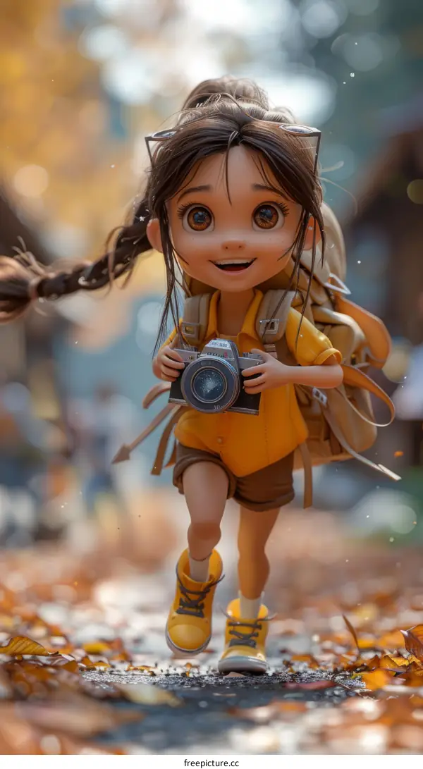 A young girl with a camera running through a park