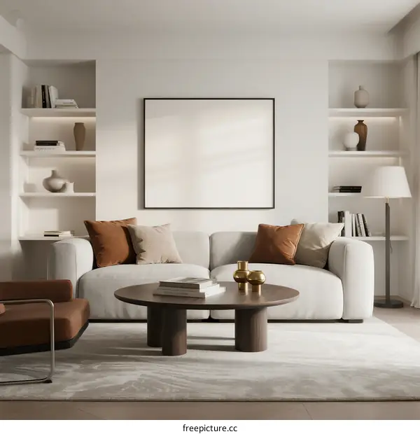 Modern Living Room with White Sofa and Shelves