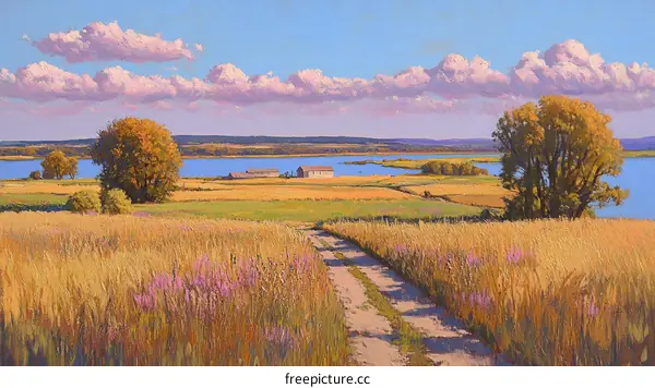 Rural Landscape at Sunset with Wheat Fields and a River