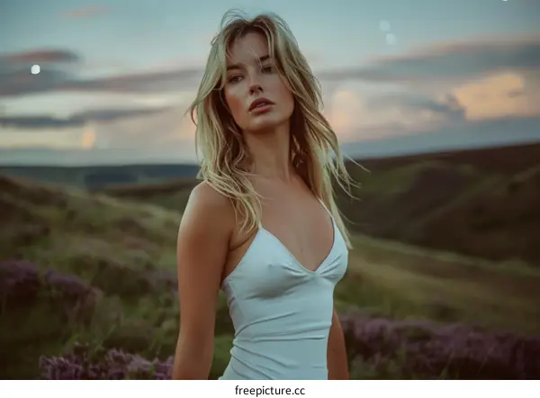 Alluring Blonde Model Posing in a Field of Purple Flowers