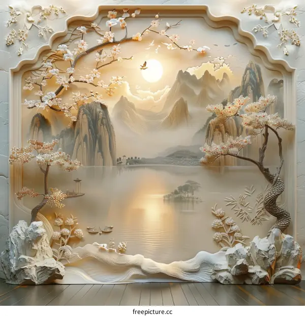 Meticulous Chinese landscape painting with mountains and rivers