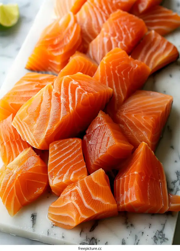 diced raw salmon fillet on white marble cutting board