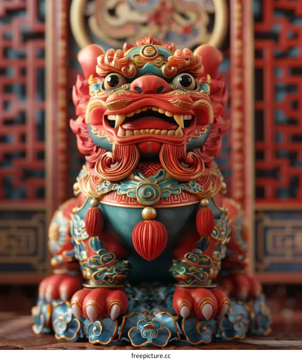 Elaborate Chinese Guardian Lion Statue in Red and Blue