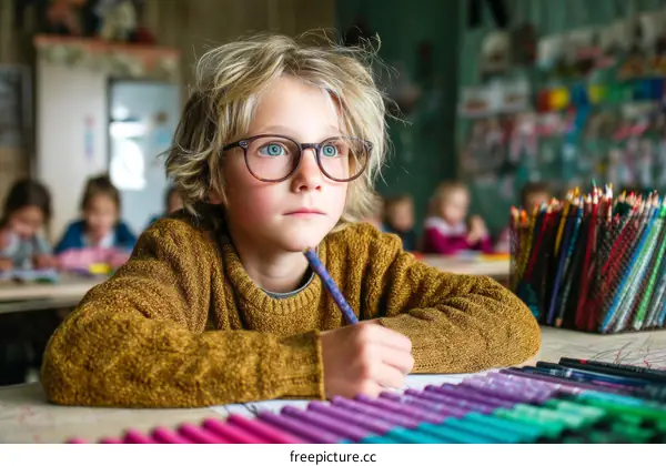 Focused Child Drawing in Classroom