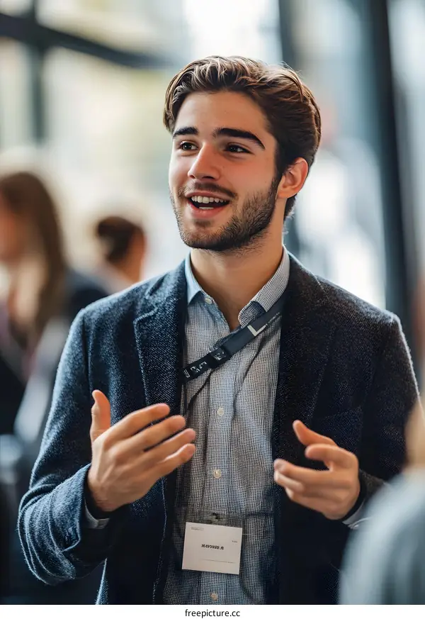 Young Caucasian Man in a Blazer Speaking at a Business Conference