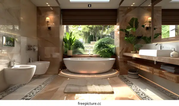 Bathroom interior with plants and a large bathtub