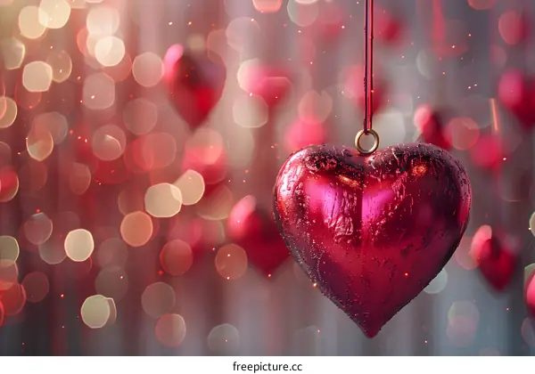 A red heart-shaped ornament hanging from a string with a blurred background of red and pink lights.