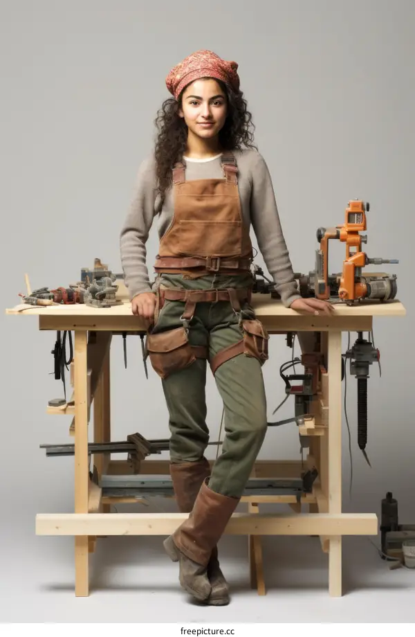 Young woman leaning on a workbench in a wood shop