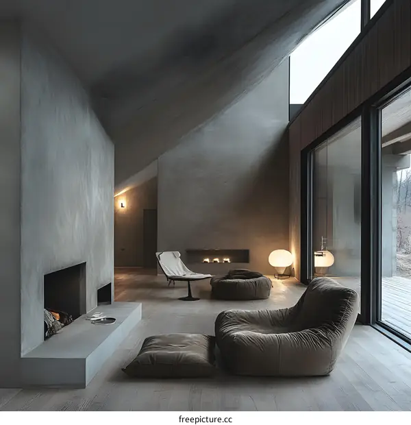 Modern Minimalist Living Room with Large Windows and Two Fireplaces