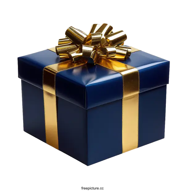 [Transparent Background PNG]Navy Blue Gift Box with Gold Ribbon