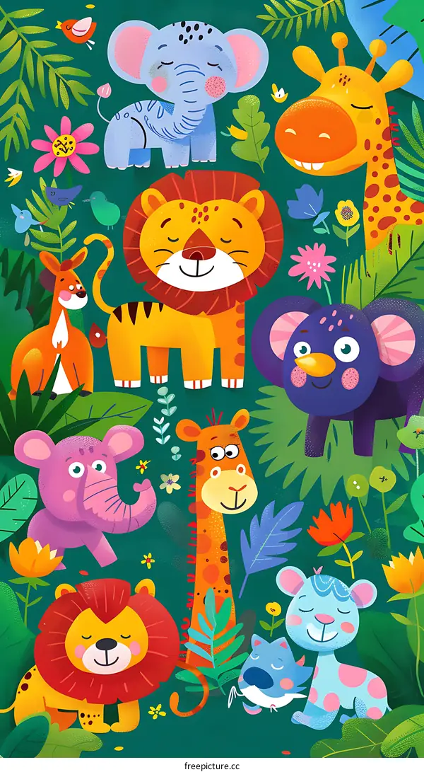 Cute Jungle Animal Illustration With Green Background