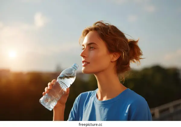 Woman Drinking Water Outdoors at Sunset